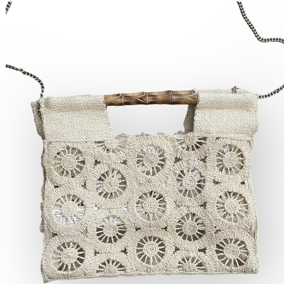 Zara Woman 100% bamboo macrame crochet messenger tote bag crossbody beige - Picture 3 of 11